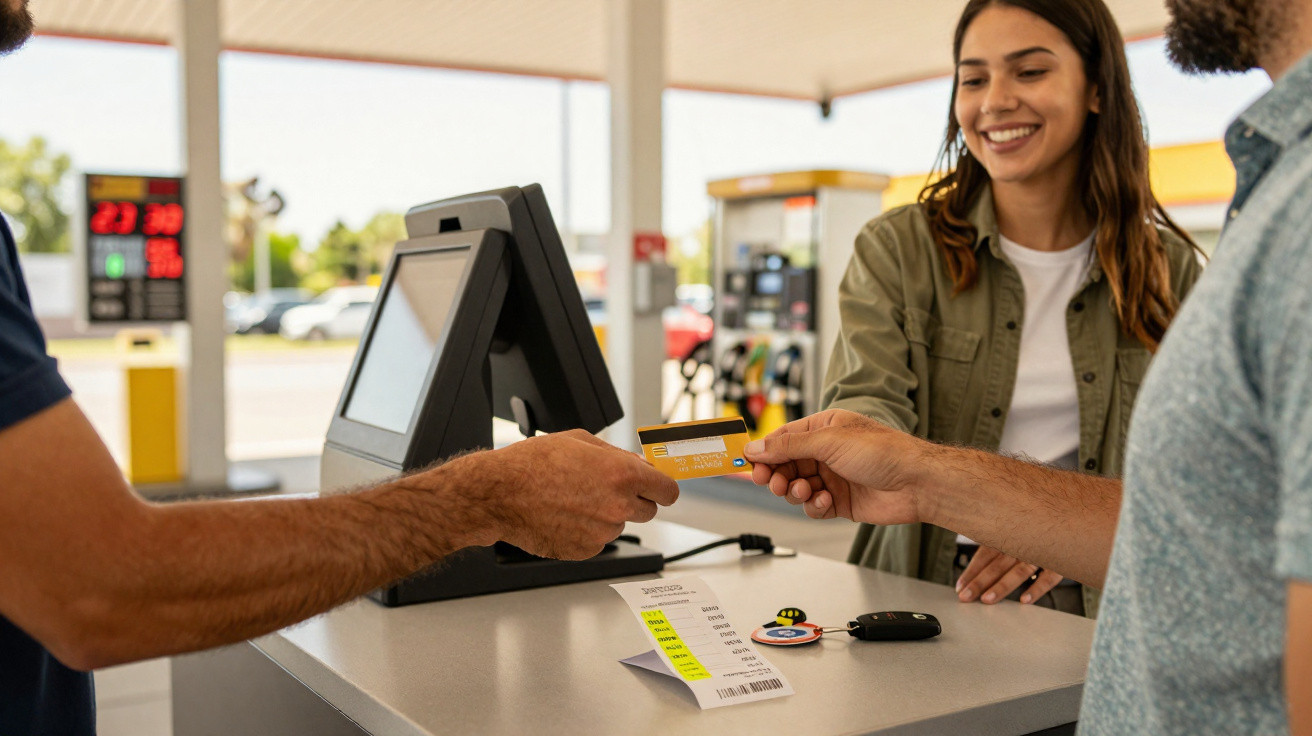 Cliente a pagar com cartão numa estação de serviço com funcionária sorridente a atender.