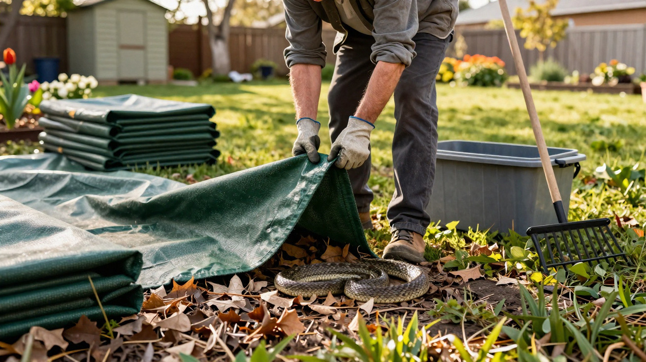 Pessoa a recolher uma cobra grande enrolada no jardim com luvas e utensílios de jardinagem.