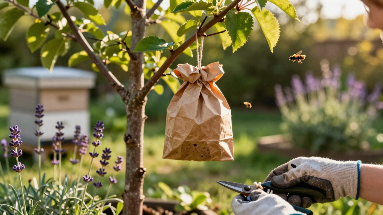 Mãos com luvas a cortar cordão de saco de papel pendurado numa árvore, com abelhas e flores ao redor.
