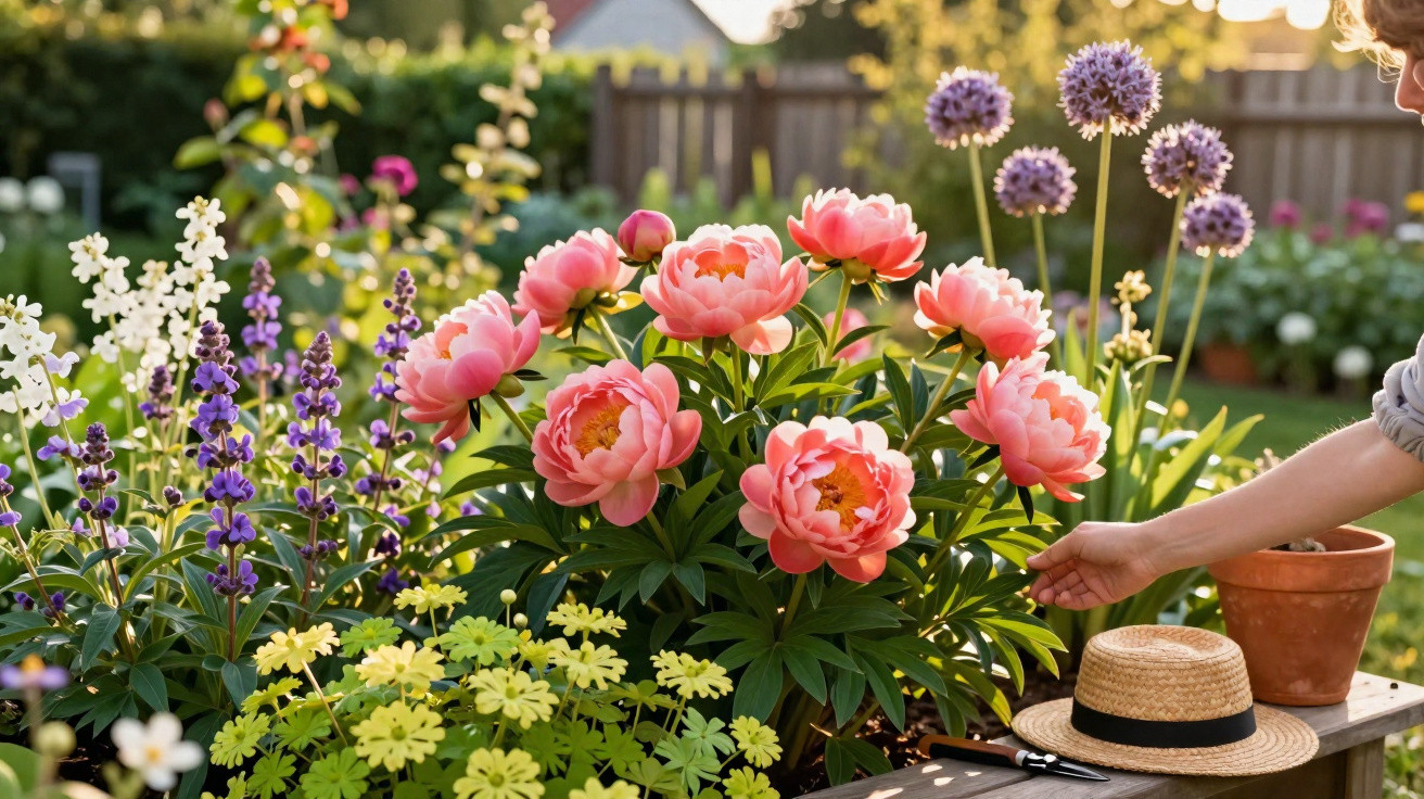 Jardim com flores coloridas, incluindo peónias cor-de-rosa, luz solar e mão a cuidar das plantas.