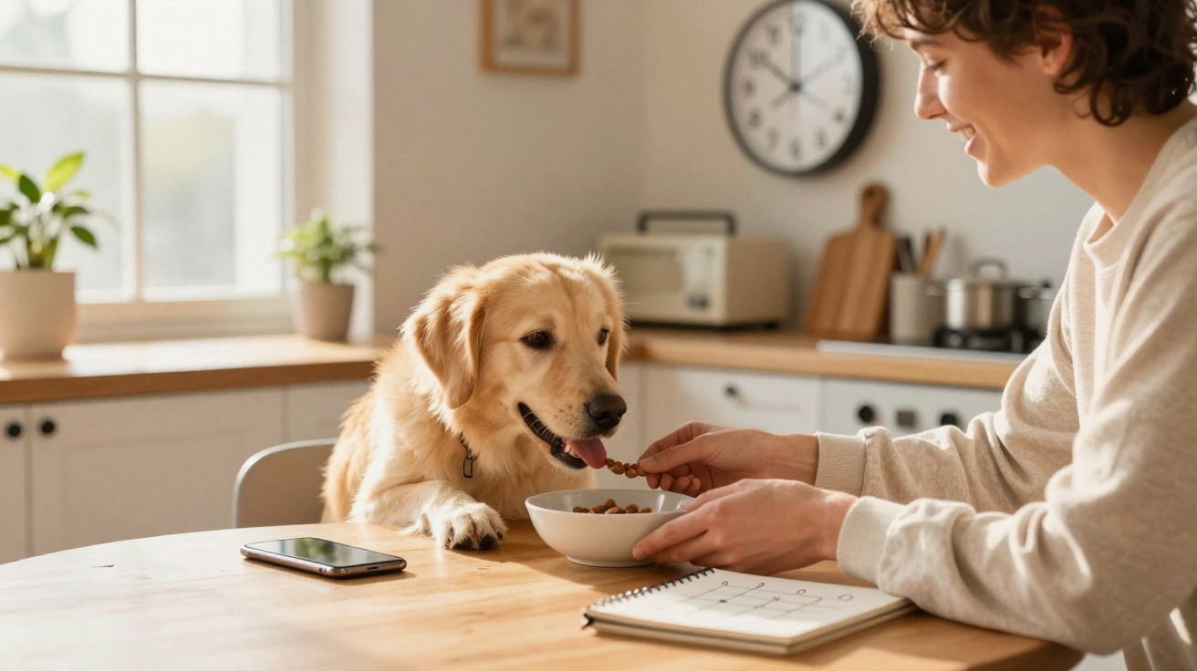 Pessoa a alimentar um cão dourado com ração numa cozinha iluminada e acolhedora.