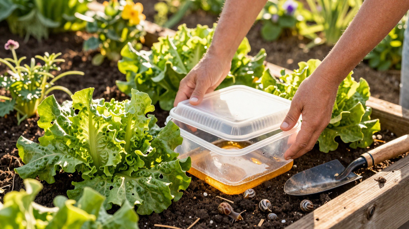 Mãos a colocar armadilha com líquido numa horta para apanhar caracóis junto a plantas de alface.