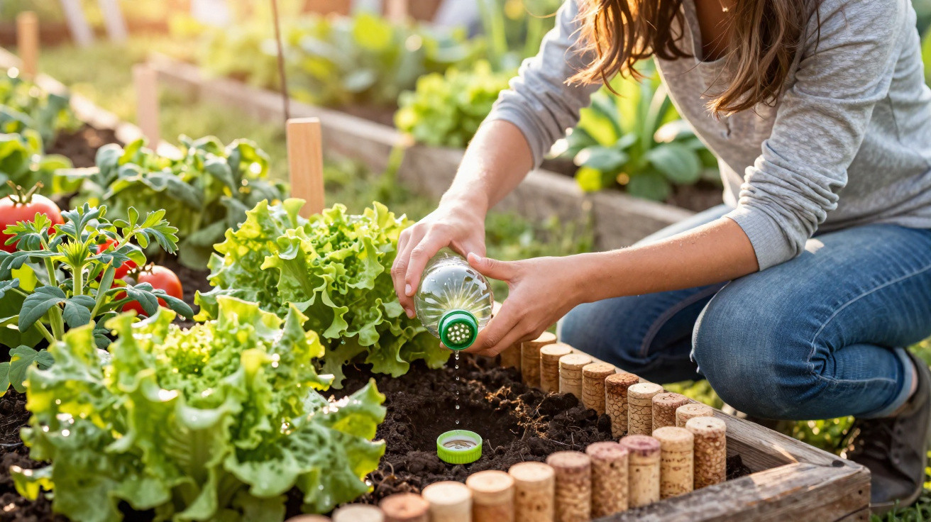 Pessoa a regar alface num jardim em caixas de madeira com garrafa de plástico reciclada.