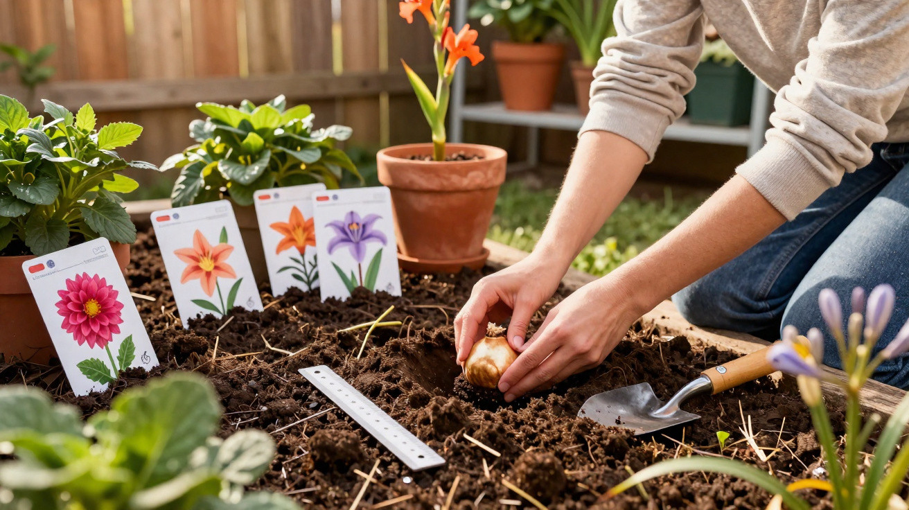 Pessoa a plantar um bolbo de flor no solo de um jardim com triagem de etiquetas florais ao lado.