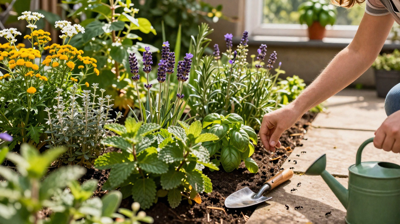 Pessoa a cuidar de plantas aromáticas num jardim com regador e pá de mão.