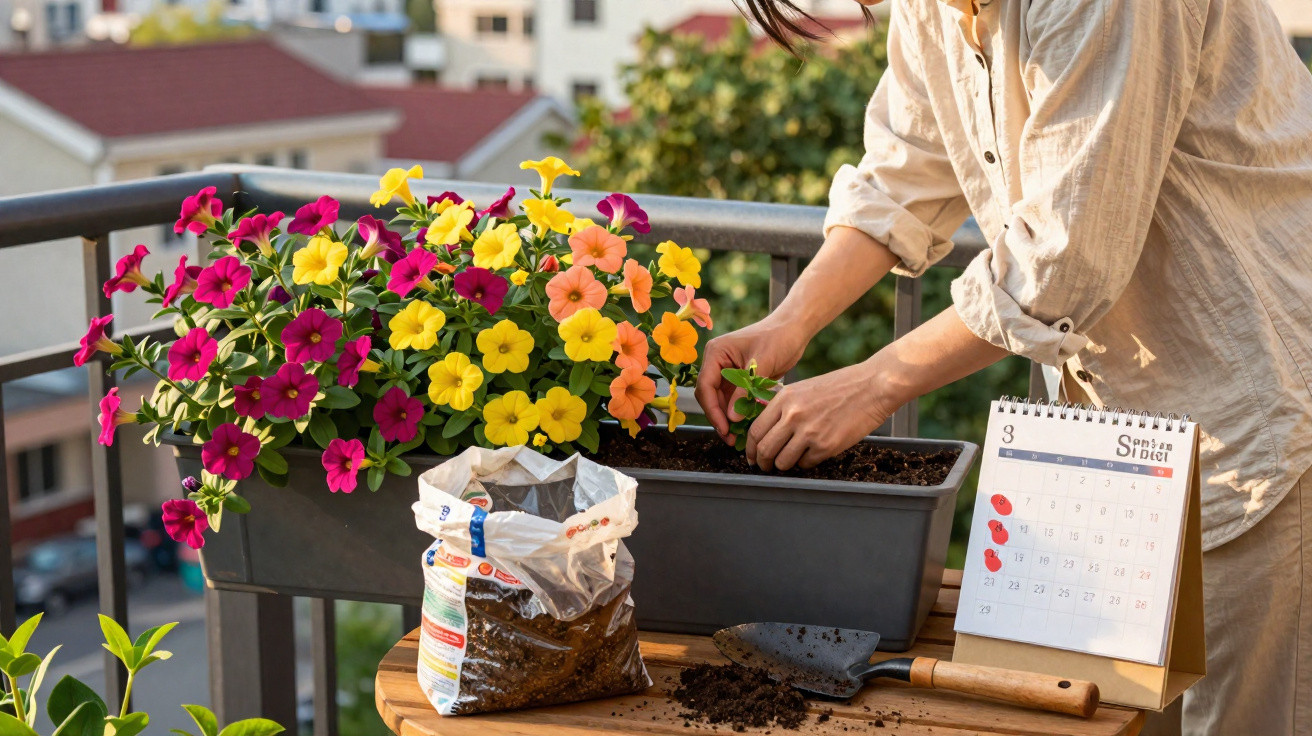 Pessoa a plantar flores coloridas num vaso numa varanda com calendário e terra à sua volta.