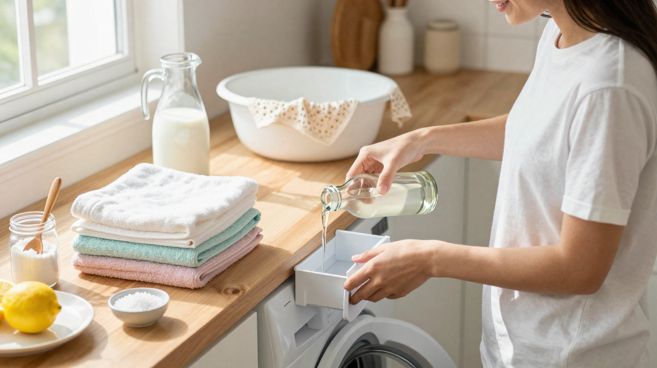 Pessoa a verter líquido numa máquina de lavar roupa numa cozinha luminosa com toalhas empilhadas e limão na bancada.
