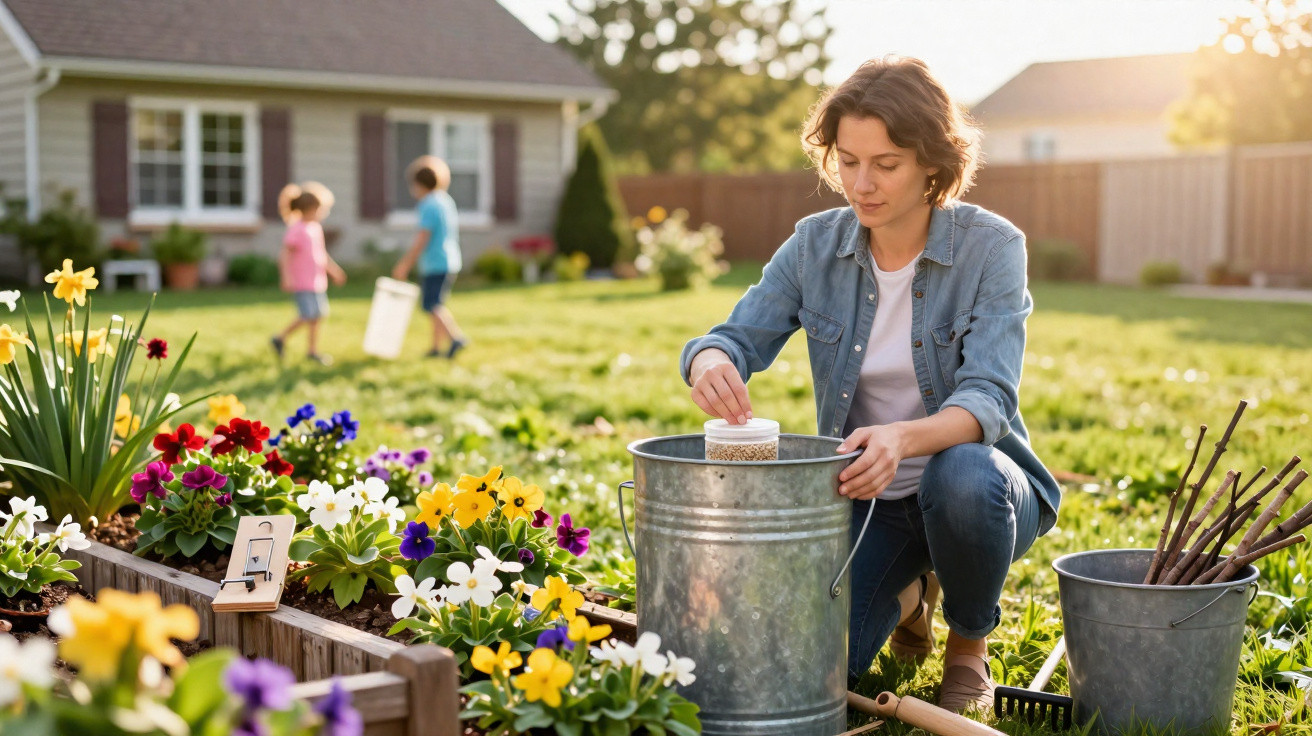 Mulher adulta a preparar sementes para plantar em canteiro com flores coloridas no jardim de casa.