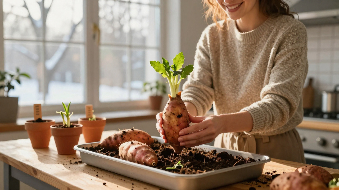Mulher sorridente a colher batatas-doces com folhas verdes numa bandeja de terra numa cozinha iluminada.