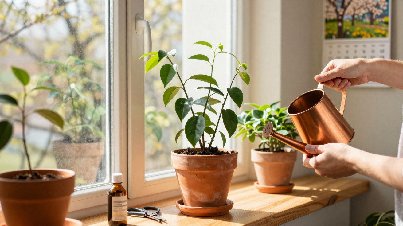 Mãos regando planta em vaso de barro junto à janela, com outras plantas e utensílios na superfície de madeira.