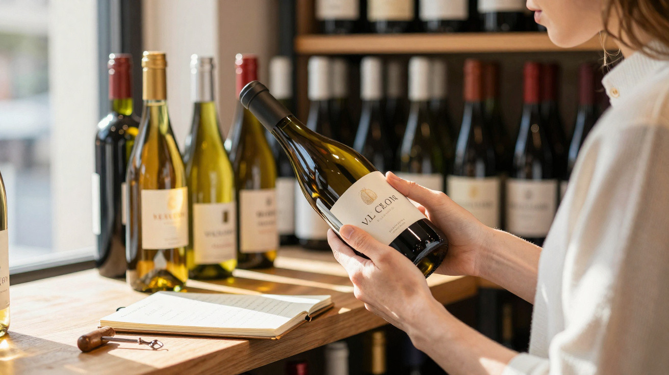 Mulher segura garrafa de vinho num espaço com várias garrafas e livro aberto sobre mesa de madeira.
