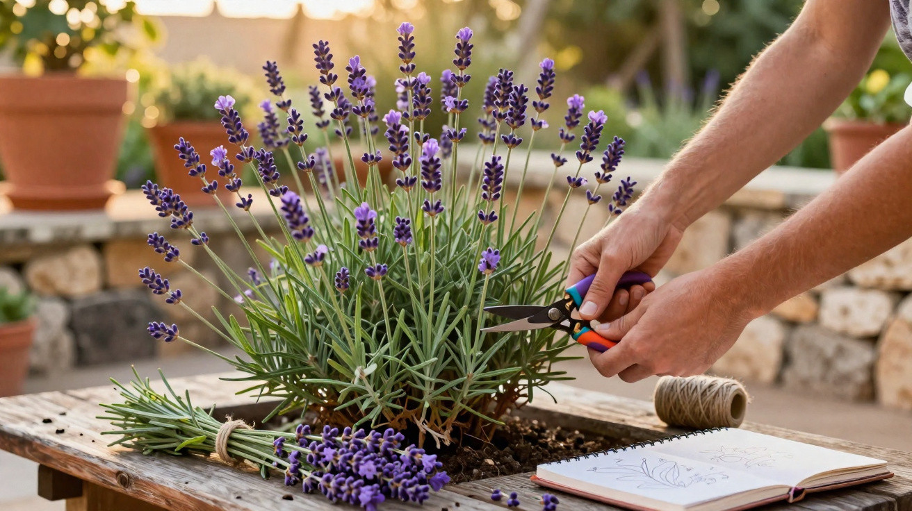 Pessoa a cortar flores de lavanda numa mesa de madeira num jardim ao entardecer.