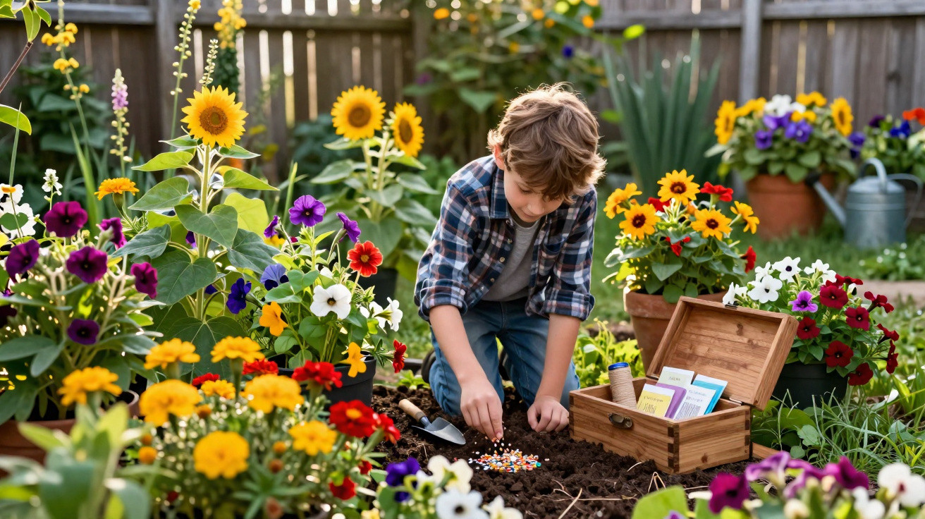 Menino plantando sementes num jardim colorido com girassóis e várias flores em vasos ao redor.