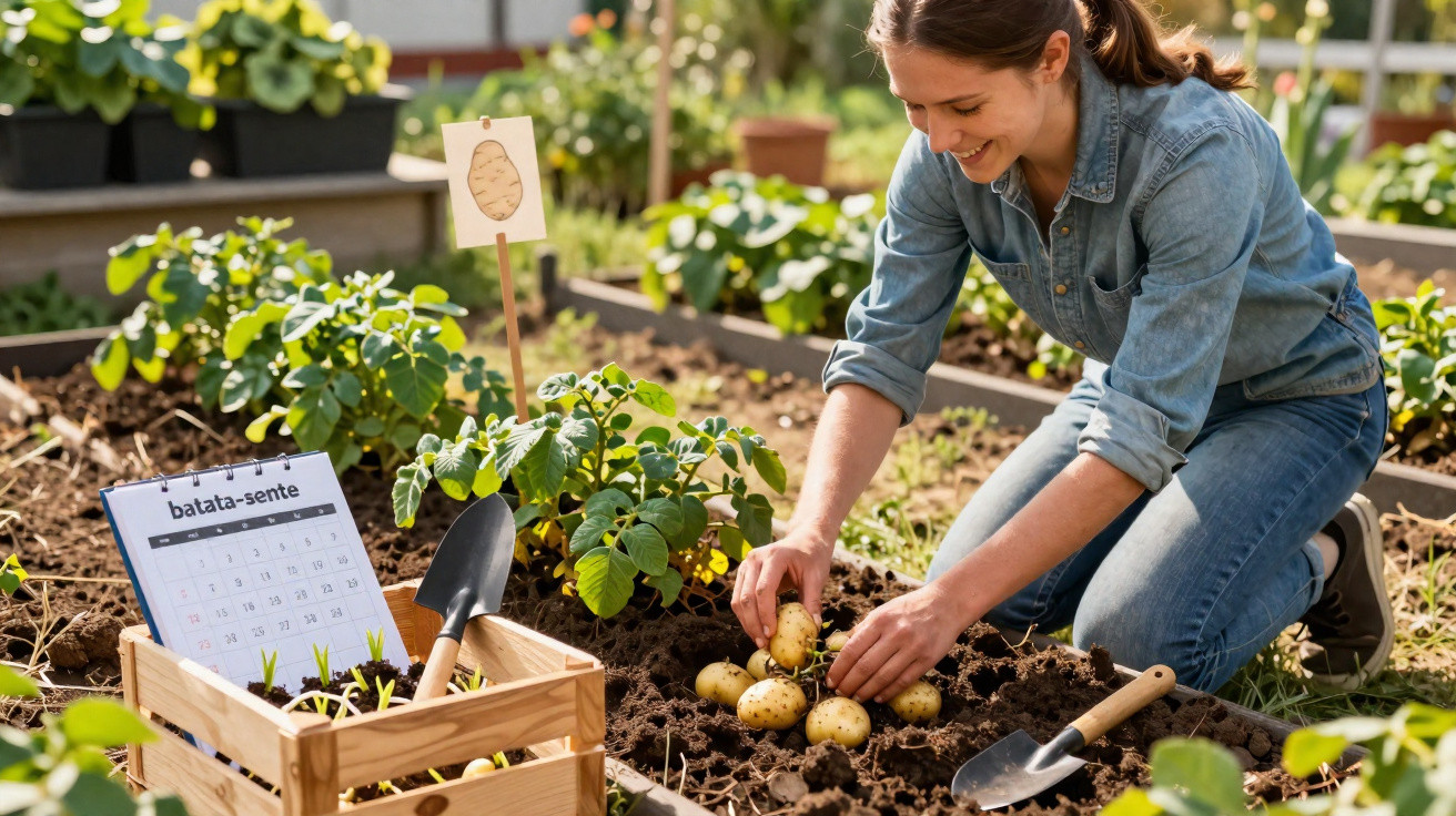 Mulher a colher batatas num canteiro de jardim com calendário e ferramentas de jardinagem ao lado.