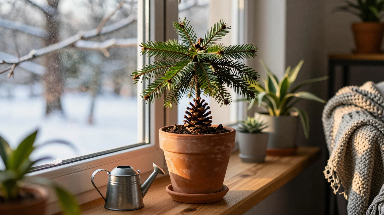 Vasos de plantas e regador numa janela com vista para paisagem nevada, manta ao lado.