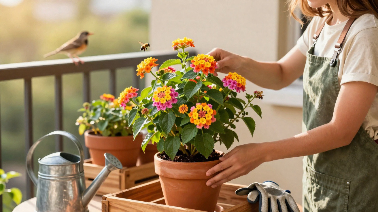 Pessoa a cuidar de planta em vaso com flores coloridas numa varanda ensolarada, com pássaro e abelha visíveis.