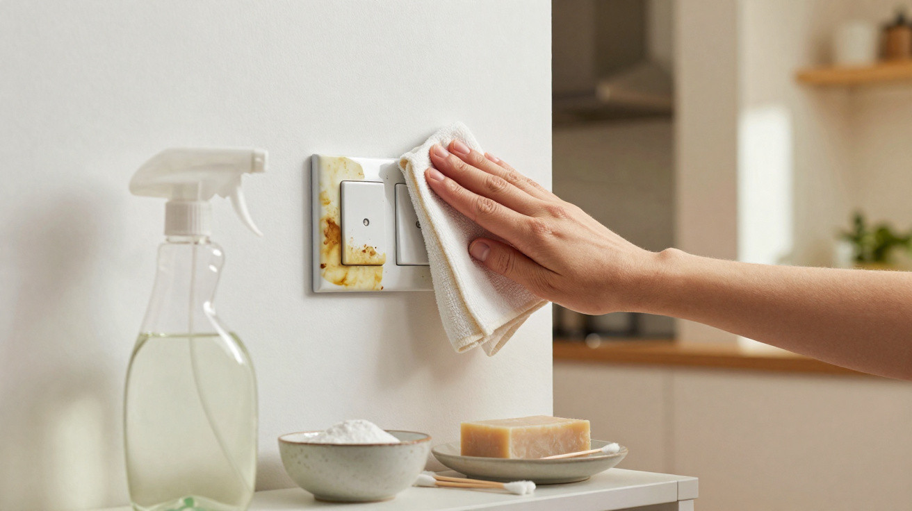 Mão a limpar interruptor sujo com pano, spray, sabão e bicarbonato numa bancada numa cozinha.