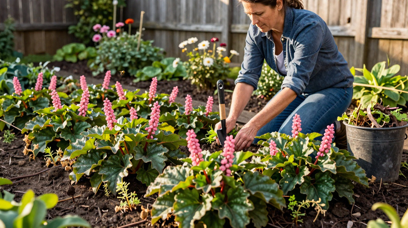 Mulher a cuidar de plantas com flores cor-de-rosa num jardim ensolarado, com ferramentas de jardinagem.