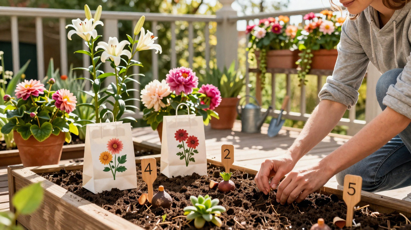 Pessoa a plantar bulbos de flores em canteiro de madeira num terraço com vasos floridos ao fundo.