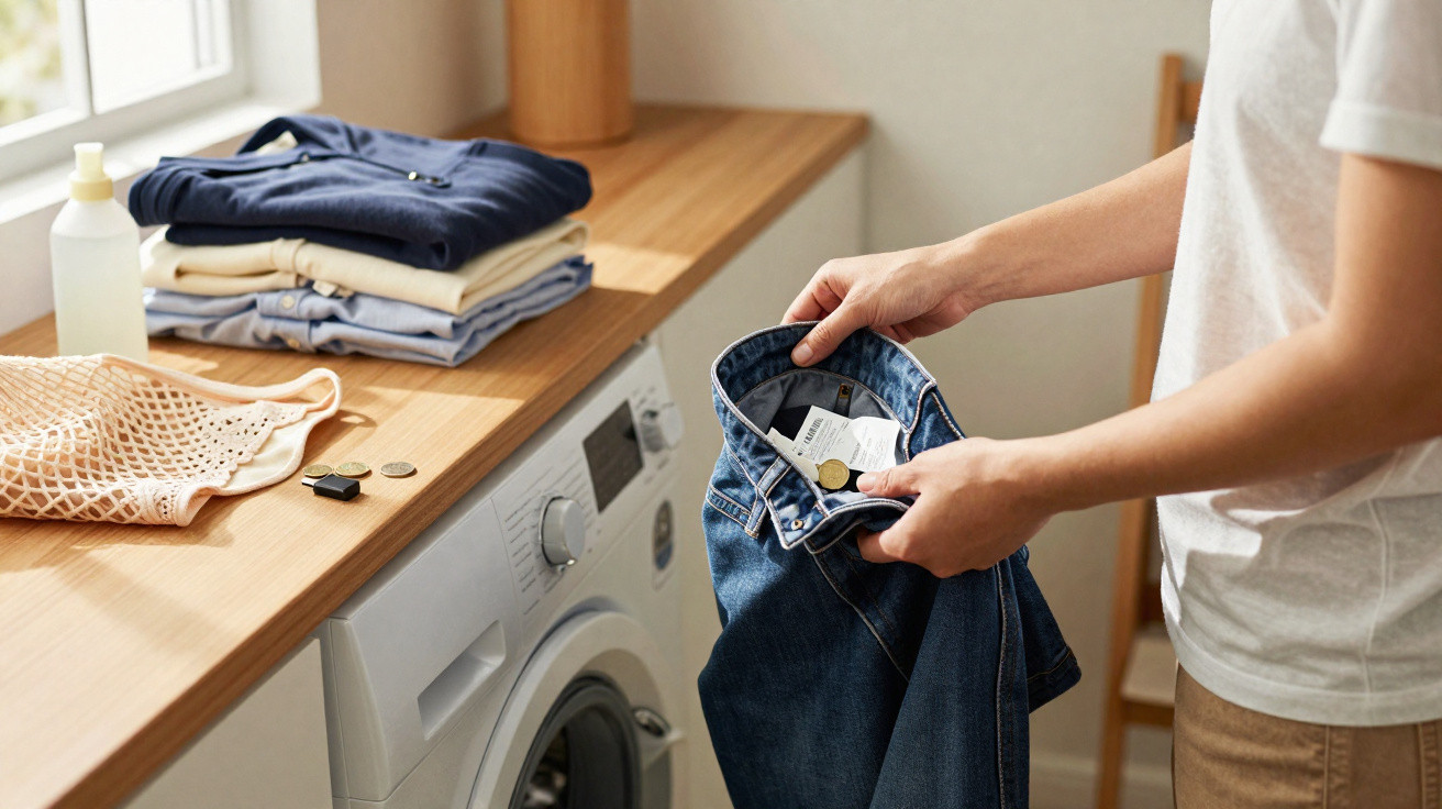 Pessoa a verificar etiqueta numa peça de roupa azul junto a máquina de lavar roupa e roupa dobrada.