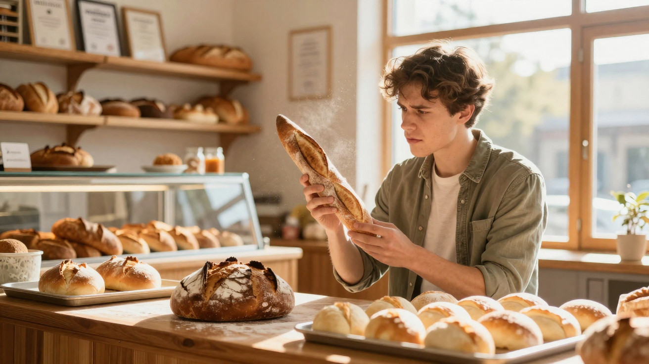 Jovem compra pão fresco numa padaria iluminada pelo sol com vários tipos de pão expostos.