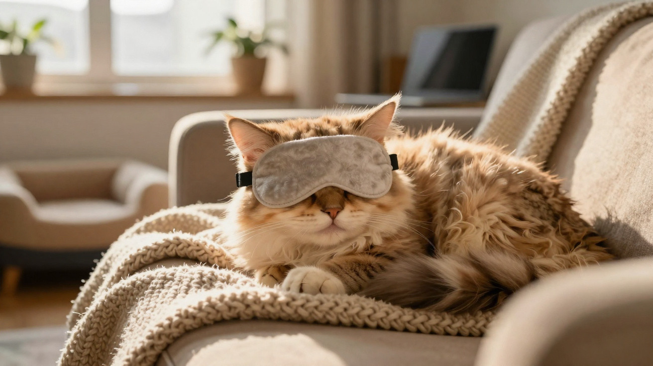 Gato felpudo deitado no sofá a usar uma máscara de dormir cinza num ambiente acolhedor e iluminado.
