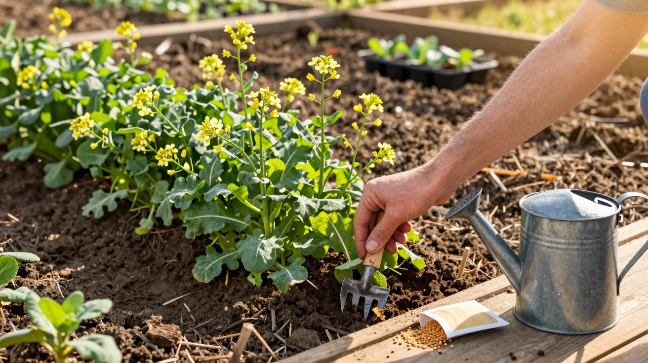 Mão a cultivar planta com flores amarelas num jardim com terra, regador e sementes ao lado.