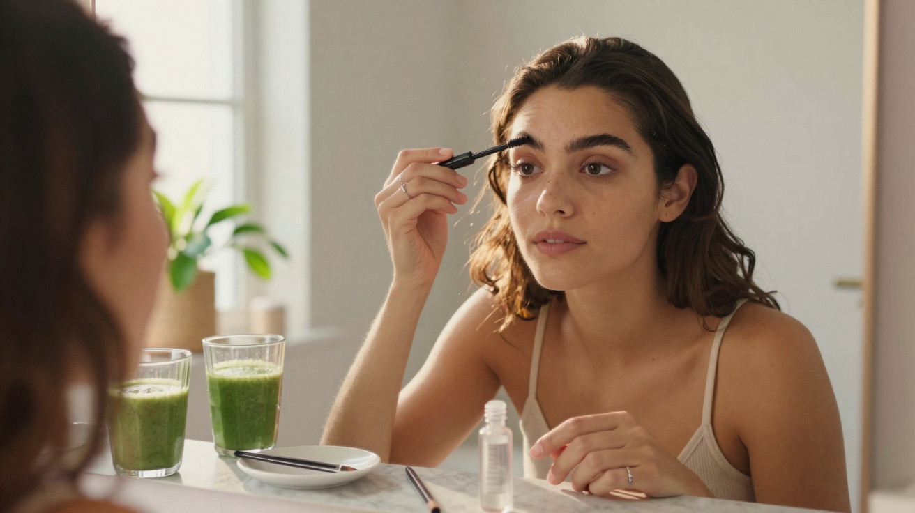 Mulher jovem a aplicar máscara nos cílios enquanto se olha ao espelho numa cozinha iluminada.