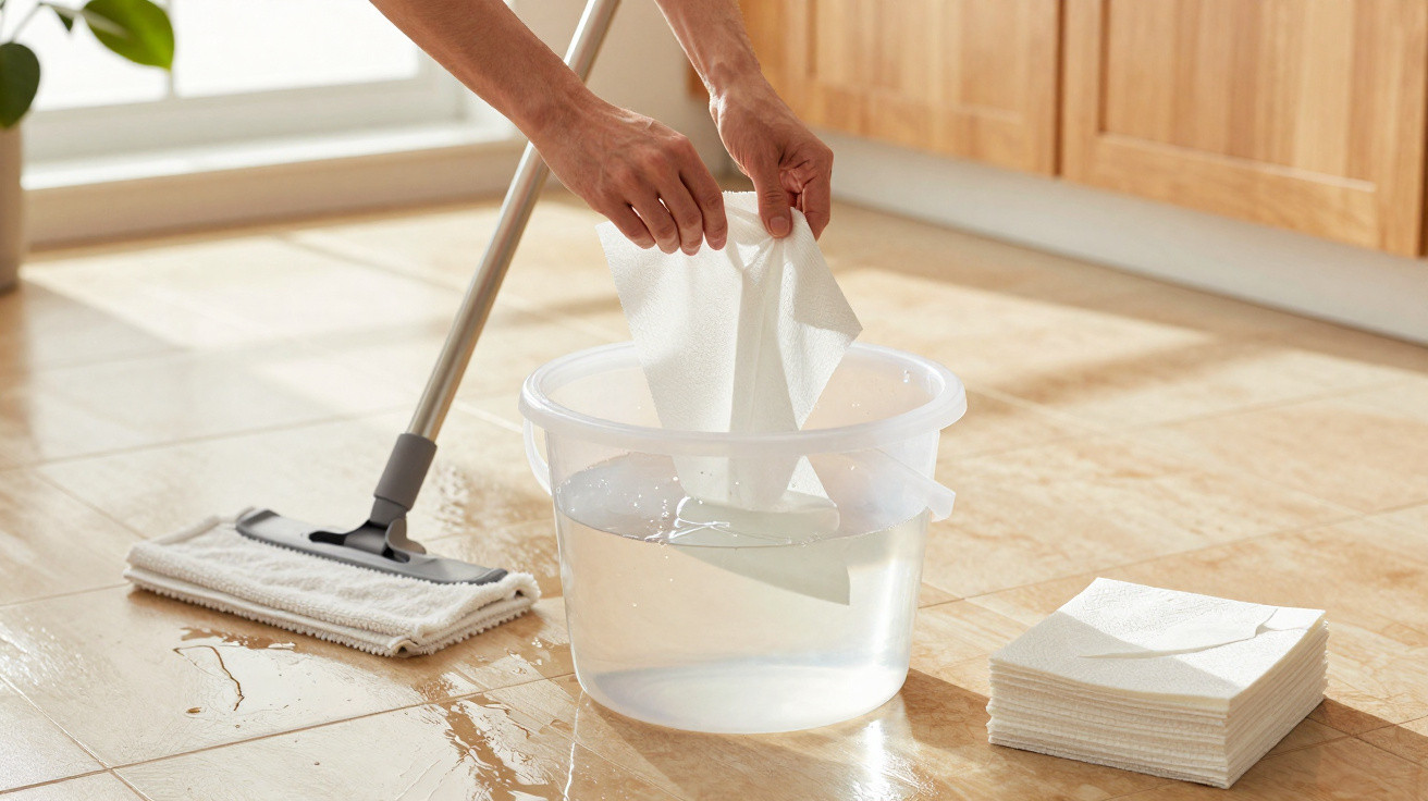 Mãos a torcer um pano branco num balde de água para limpar chão de cerâmica com esfregona.