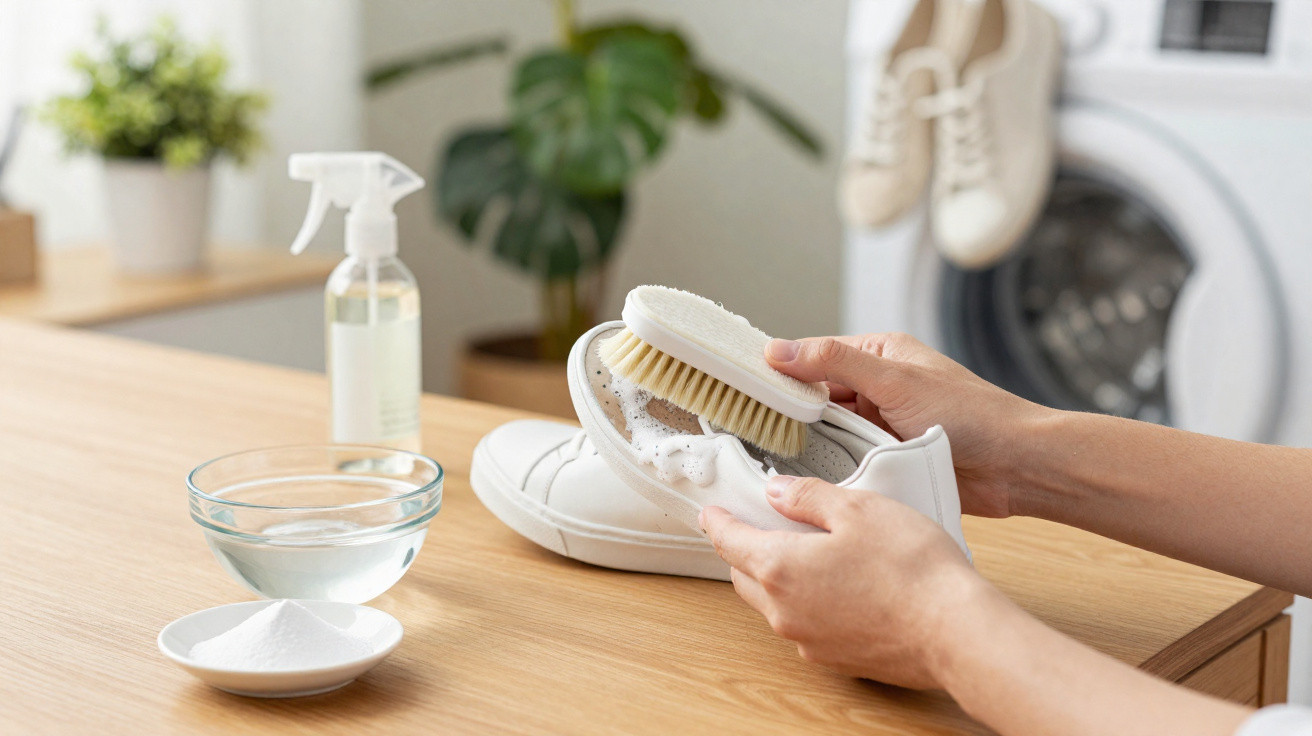 Pessoa a limpar um ténis branco com escova e detergente, spray, bicarbonato e água numa mesa de madeira.