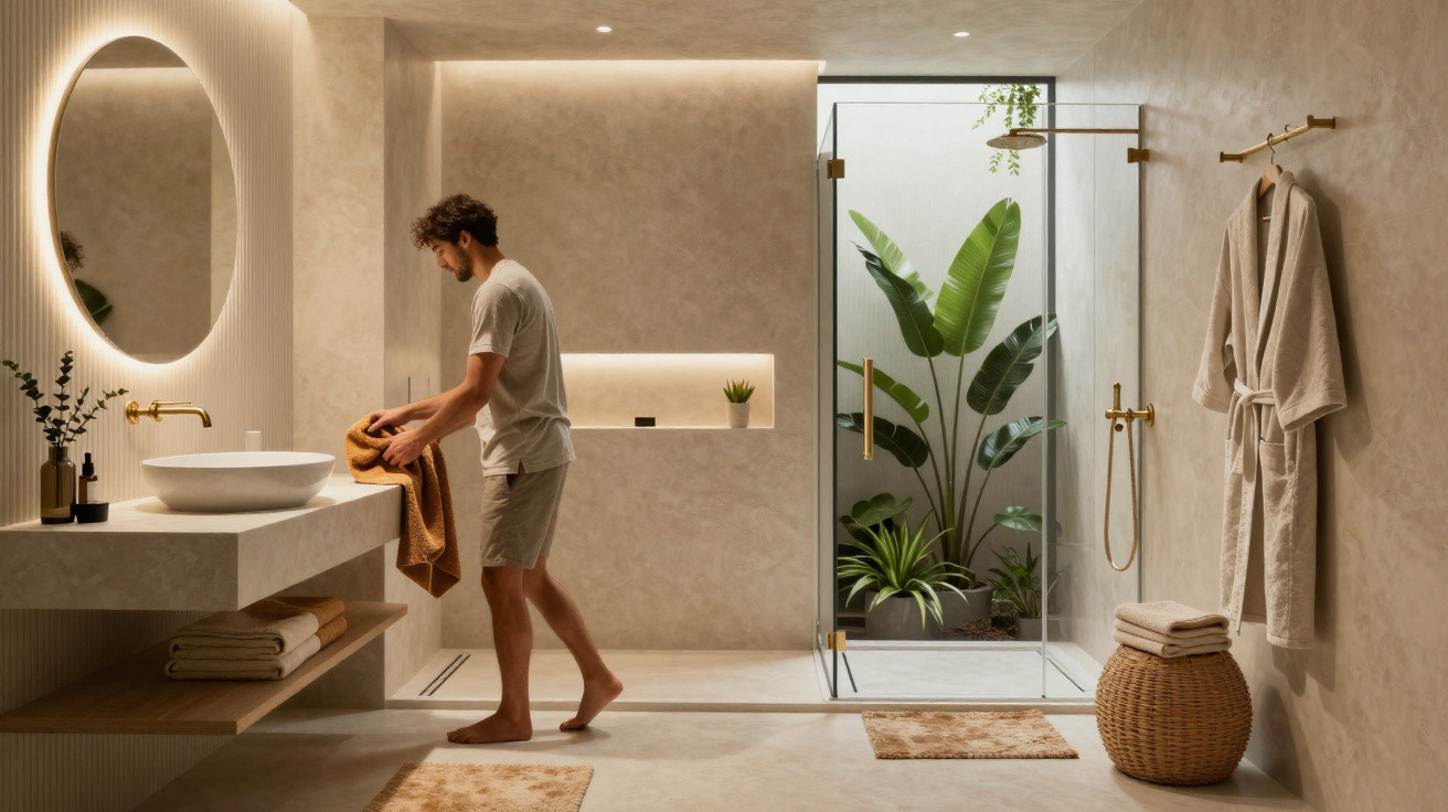 Homem arruma toalha em casa de banho moderna com chuveiro de vidro e plantas decorativas.
