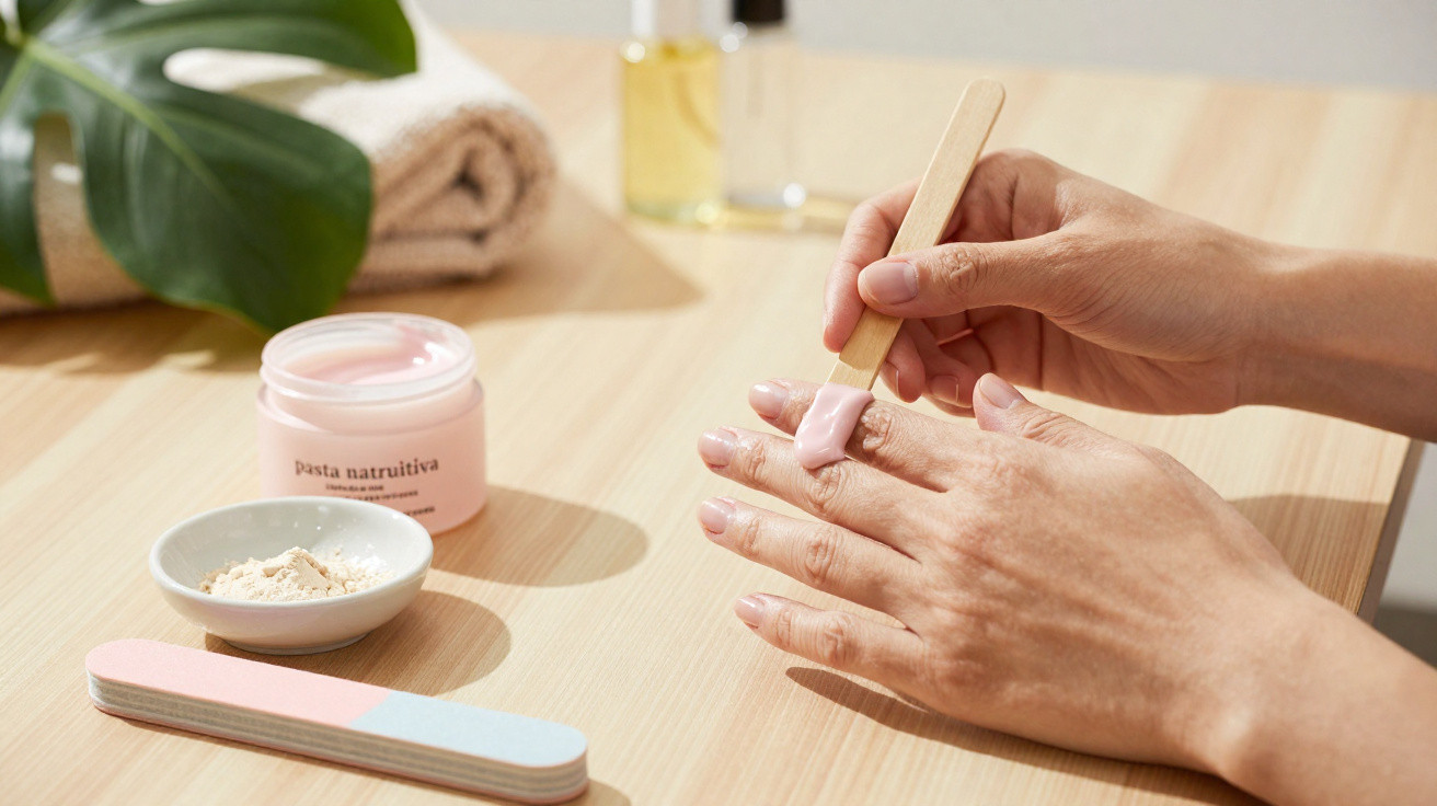 Mãos femininas a aplicar creme rosa numa mão com espátula, sobre mesa com creme, lixa e toalha.