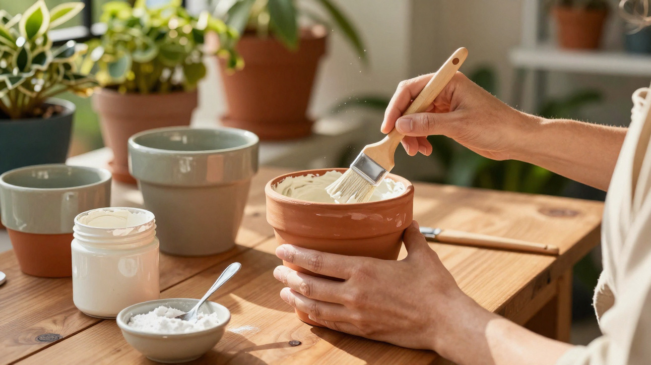 Pessoa a pintar o interior de um vaso de barro com tinta branca numa mesa com plantas e utensílios.
