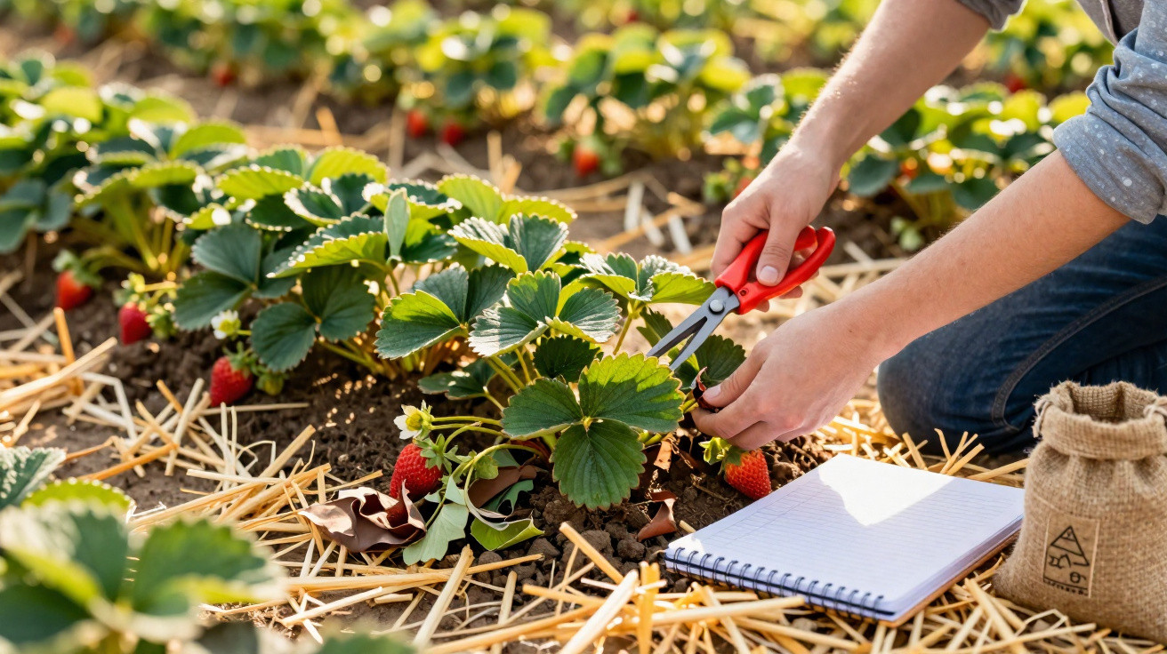 Pessoa colhendo morangos maduros num campo com tesoura vermelha e caderno ao lado.