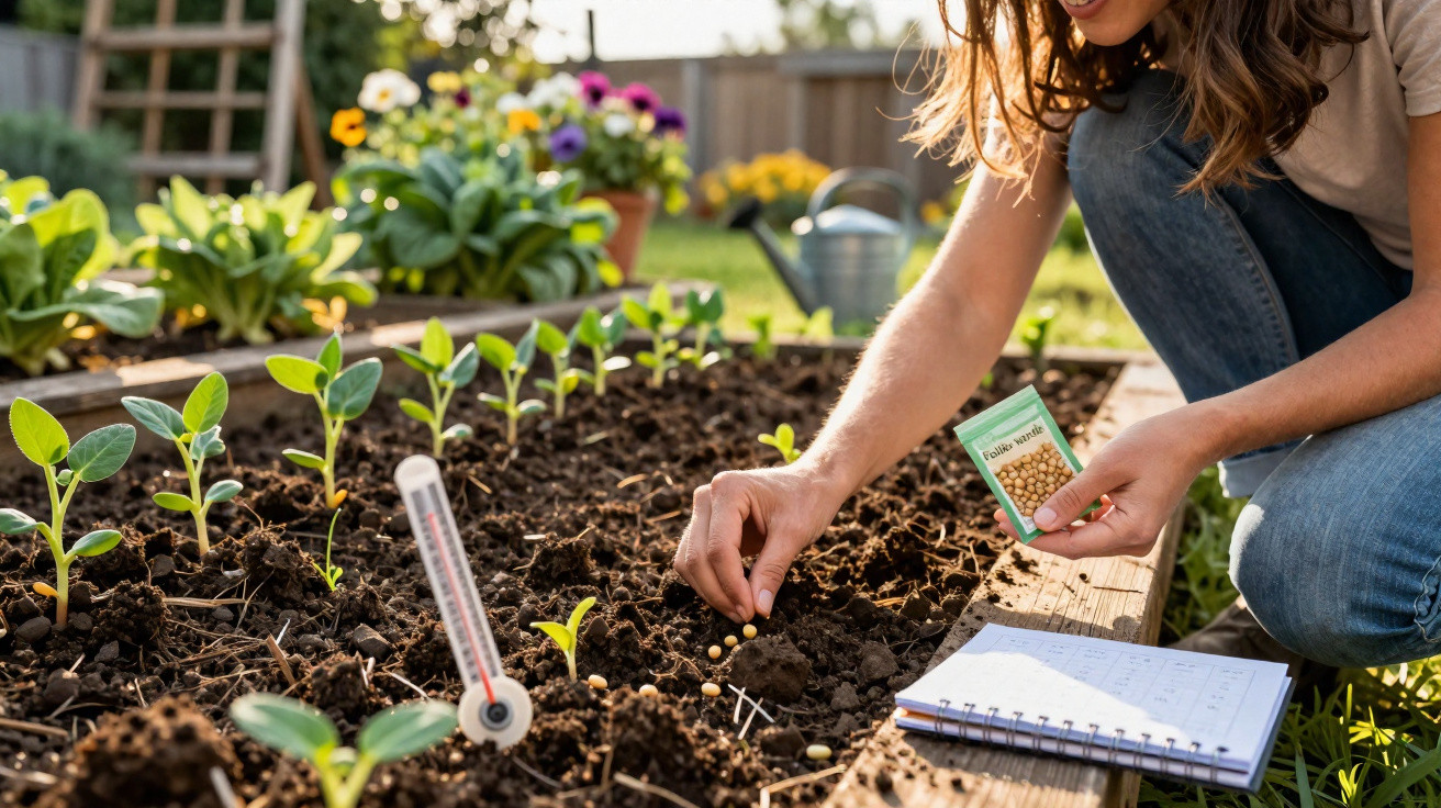Mulher a semear sementes em canteiro com plantas jovens, regador e caderno ao lado, em jardim ensolarado.