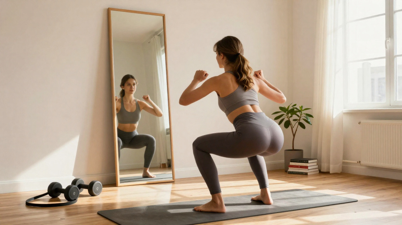 Mulher a fazer agachamentos em tapete de yoga numa sala com espelho, pesos e planta junto à janela.