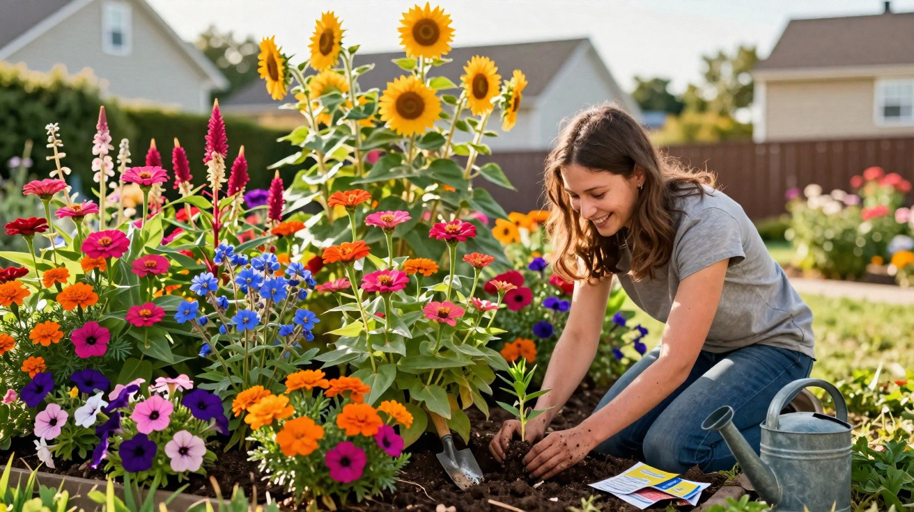 Mulher sorridente a plantar flores coloridas num jardim ensolarado junto a regador metálico e casas ao fundo.