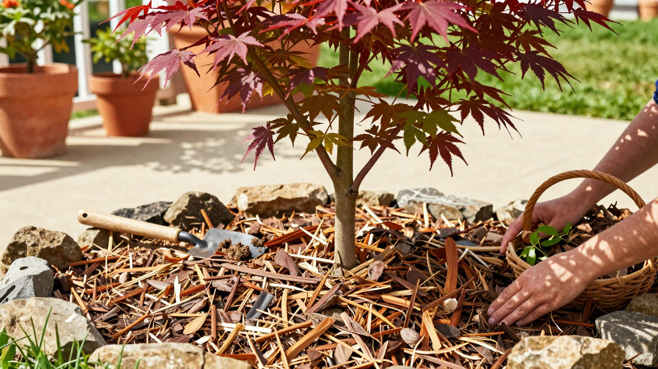 Mãos a colocar folhas numa planta jovem com folhas vermelhas, rodeada por pedras num jardim.