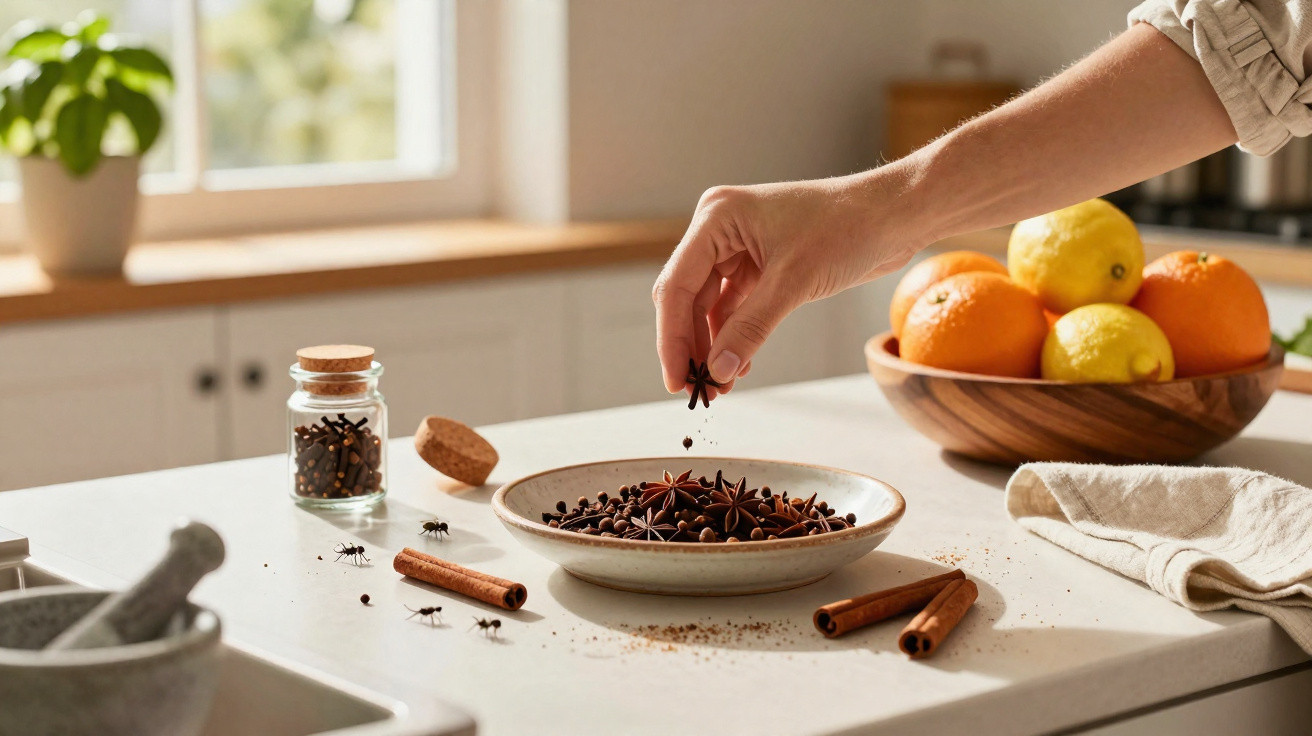 Mão a colocar anis estrelado numa tigela, com paus de canela, um frasco e uma taça de frutos numa bancada de cozinha.