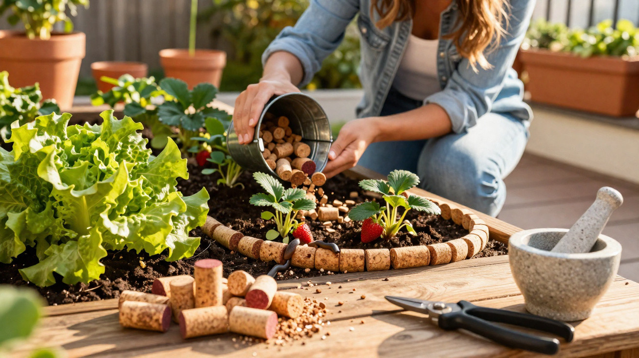 Pessoa a decorar canteiro com rolhas, plantas de morango e alface num jardim urbano com ferramentas e vasos ao redor.