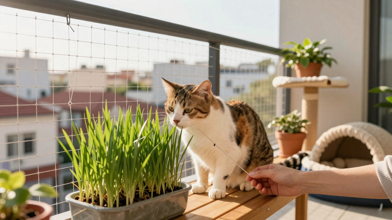 Gato tigrado branco sentado numa varanda, a brincar com um fio que segura uma mão humana.