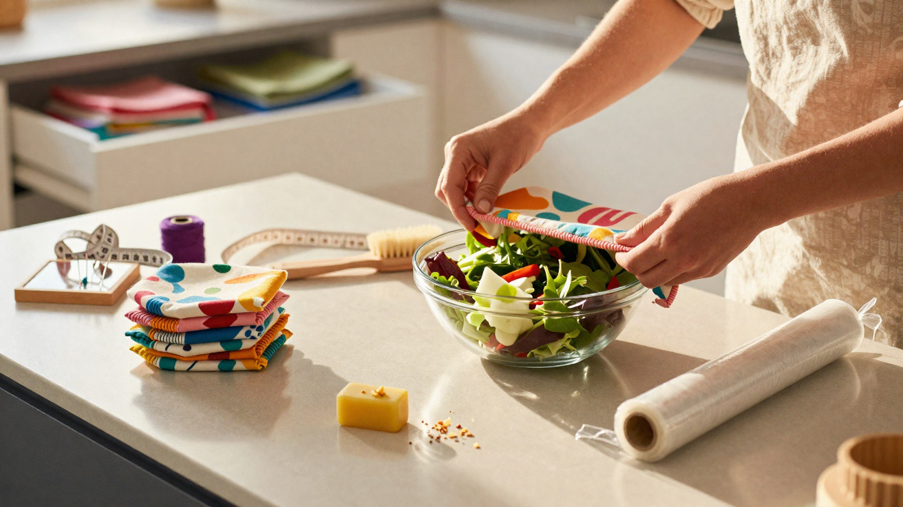 Mãos a tapar uma saladeira com um pano colorido numa bancada de cozinha com objetos de costura ao lado.