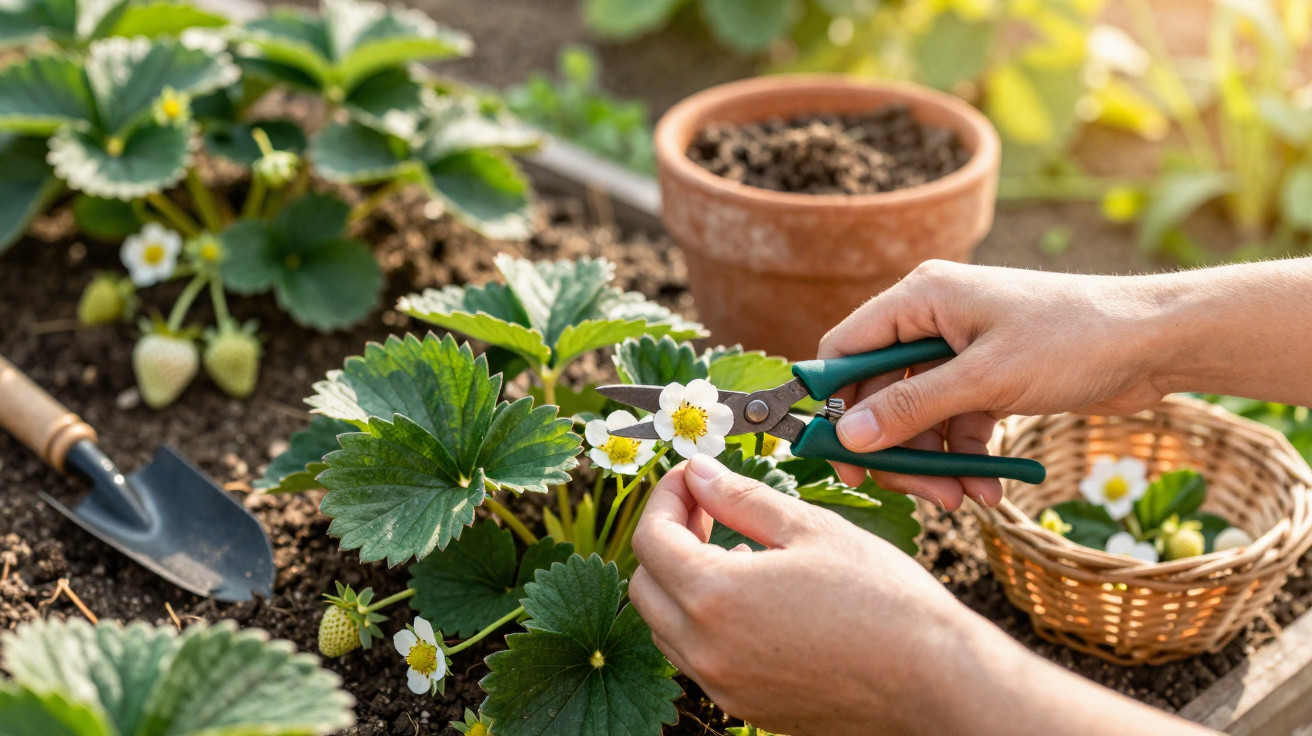 Mãos podando flor de planta de morango num jardim, com cesto e vaso ao fundo.