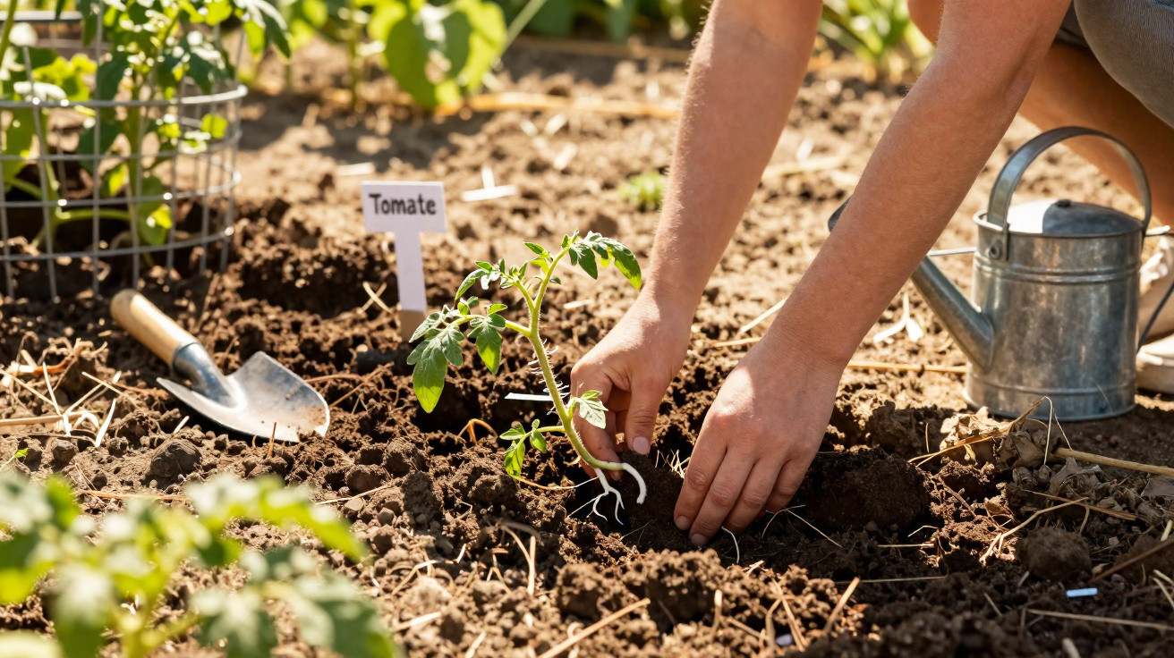 Mãos a plantar uma muda de tomate no solo de um jardim com regador e enxada ao lado.