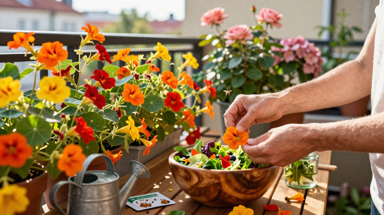 Mãos a adicionar flores comestíveis coloridas numa salada numa varanda com plantas e regador ao lado.