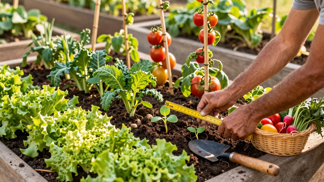 Pessoa a medir planta jovem numa horta com alface, tomateiros e legumes frescos numa cesta.