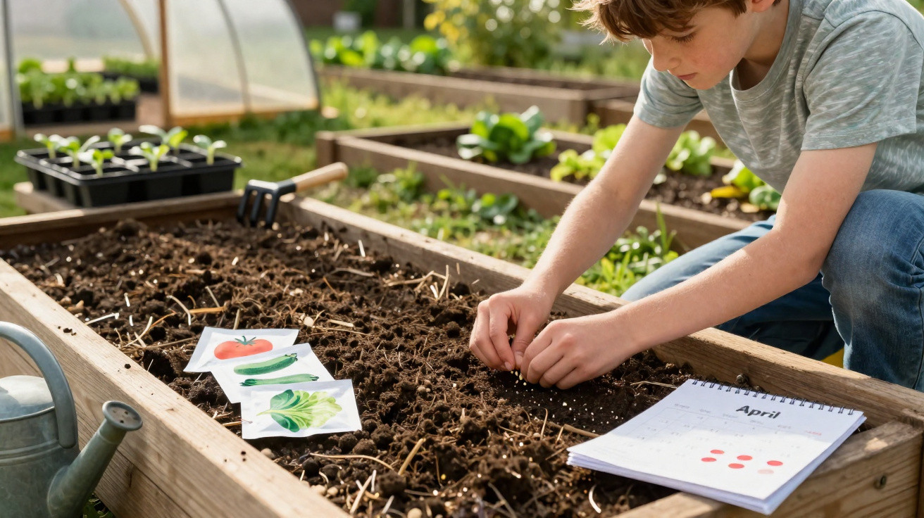 Criança a plantar sementes numa horta elevada com cartas de legumes e calendário ao lado.