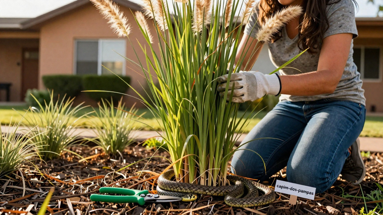 Pessoa a cuidar de capim-dos-pampas num jardim com luvas e ferramentas de jardinagem.