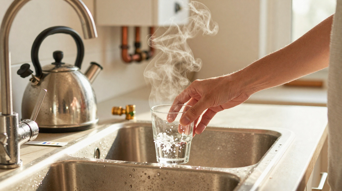 Mão a encher copo com água quente a sair vapor numa torneira de cozinha junto a chaleira metálica.