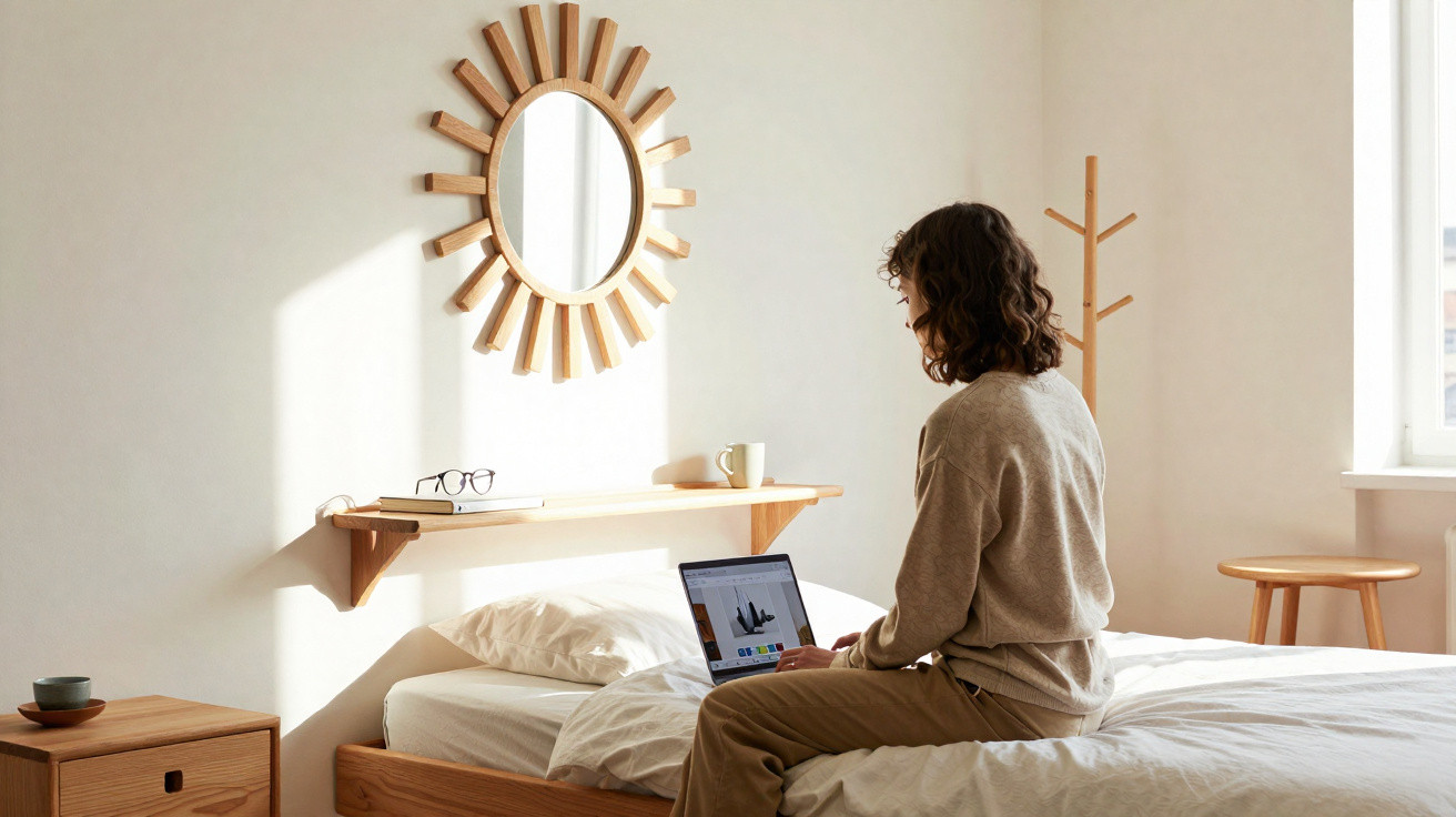 Jovem sentado na cama a usar computador portátil em quarto minimalista com luz natural e decoração em madeira.